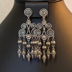 Vintage Silver Tone Screw Back Over 3" Long Dangle Earrings